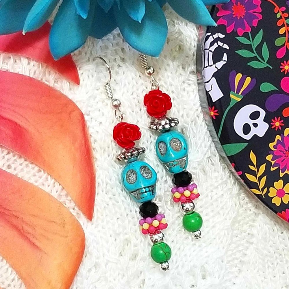 Earrings Halloween Day of the Dead Sugar Skull Turquoise Flower Multi Beaded